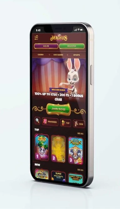 Smartphone screen showing Magius Casino Canada app with Join Now button and featured slots on the front page