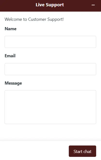Magius Casino Canada live support form with fields for name, email and message and a Start chat button