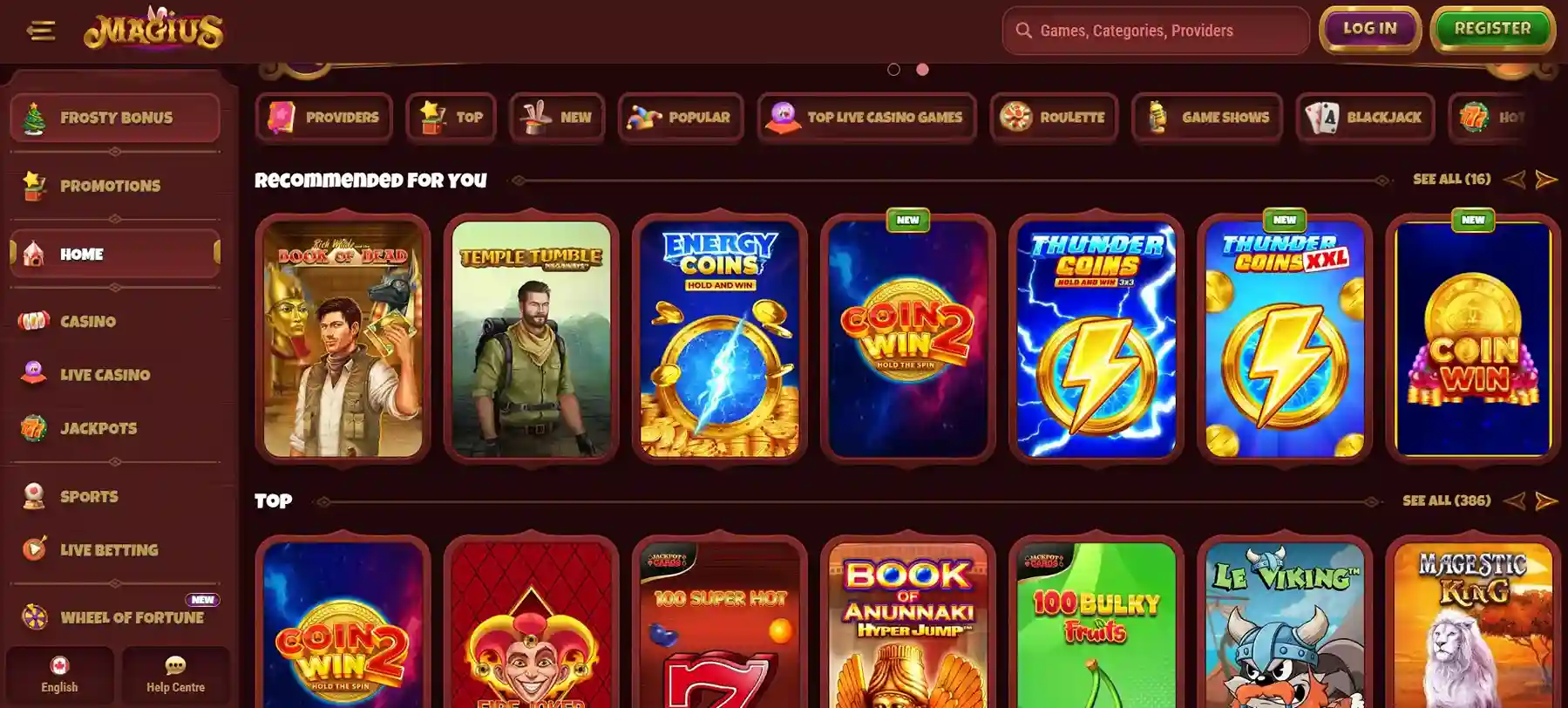 Homepage of Magius Casino Canada showing top slots, jackpots and navigation menu